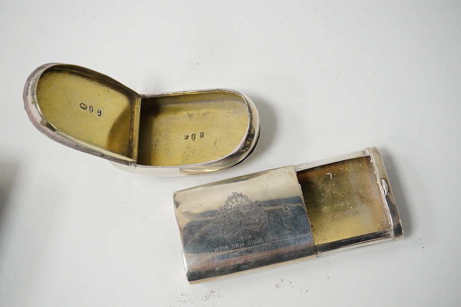 A George III silver concave snuff box by Joseph Wilmore, Birmingham, 1810, 76mm and a later George V silver snuff box, engraved 'The Times', London, 1926. Condition - fair to good